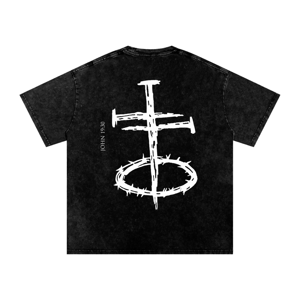 Cross of Nails and Crown of Thorns CRUX REDEMPTUS Black Snow Washed Oversized Cotton T-Shirt